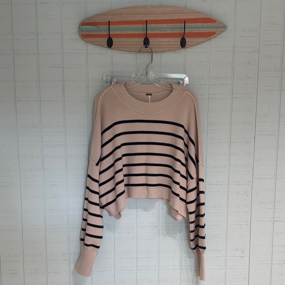 Free People Taupe/Cream and Black Striped Cropped Sweater